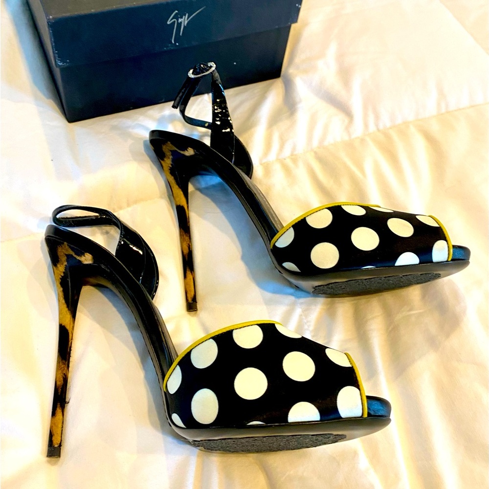 Polka Dot Giuseppe Zanotti Peep Toe Slingback Heels with Leopard Print, Size 40